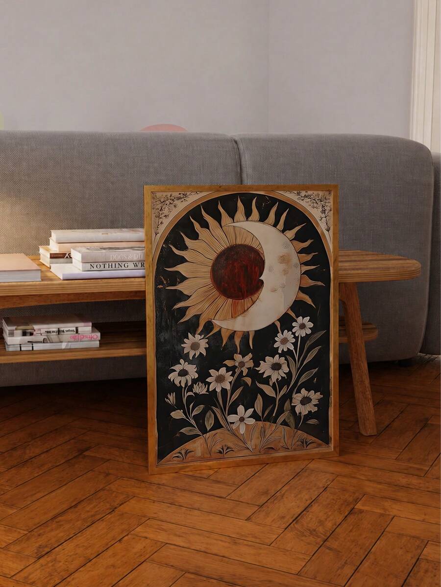 Vintage celestial sun and crescent moon canvas poster displayed beside a sofa