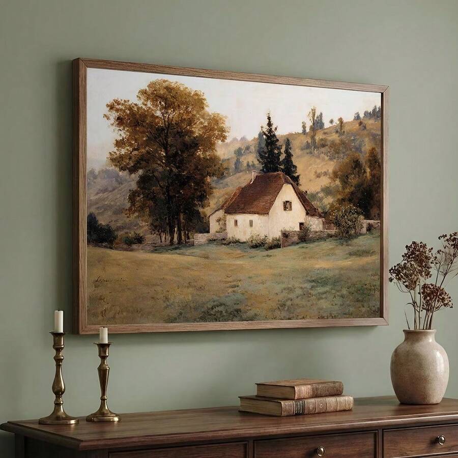 Vintage autumn cottage canvas artwork with cream farmhouse beneath russet trees