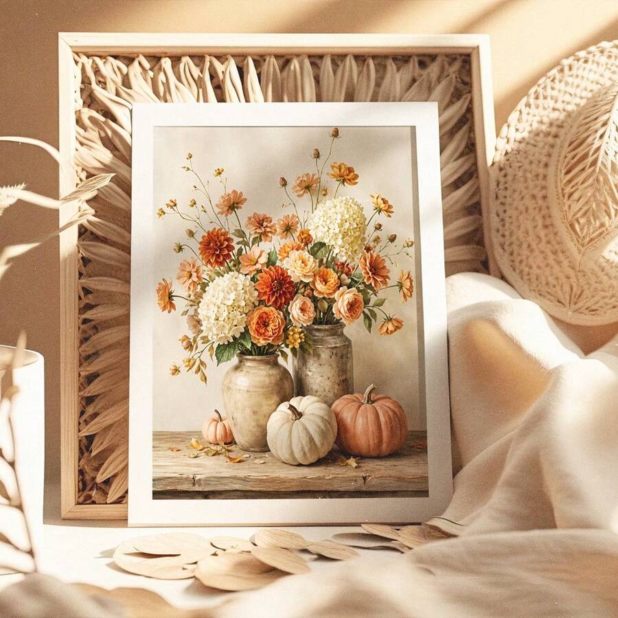 White-framed autumn floral pumpkin canvas print above a woven farmhouse bedroom headboard
