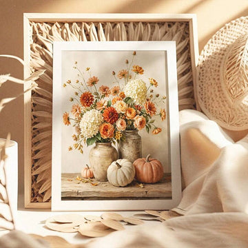 White-framed autumn floral pumpkin canvas print above a woven farmhouse bedroom headboard