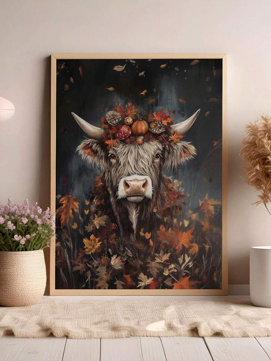 Highland cow autumn leaf crown and pumpkin canvas poster in a light frame on the floor