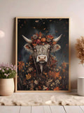 Highland cow autumn leaf crown and pumpkin canvas poster in a light frame on the floor