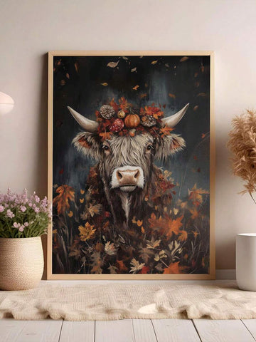 Highland cow autumn leaf crown and pumpkin canvas poster in a light frame on the floor