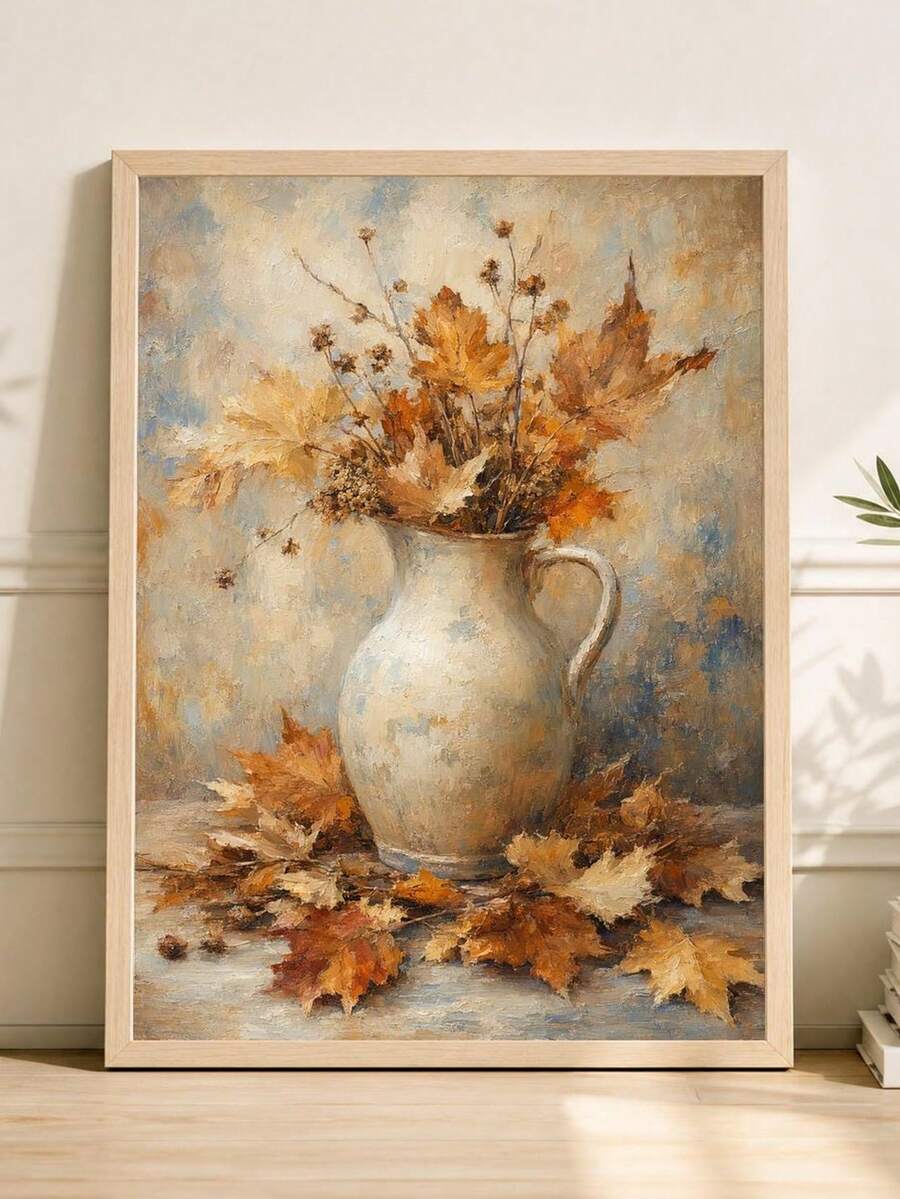 Painterly autumn maple leaves in cream ceramic pitcher poster leaning on shelf in sunlit neutral room