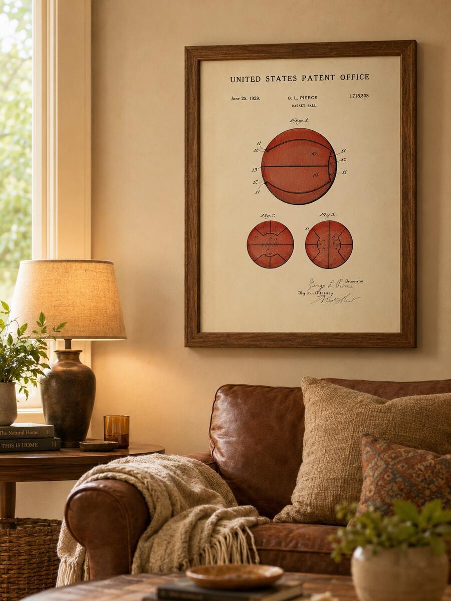 Basketball wall art above leather sofa with vintage patent diagrams and warm frame