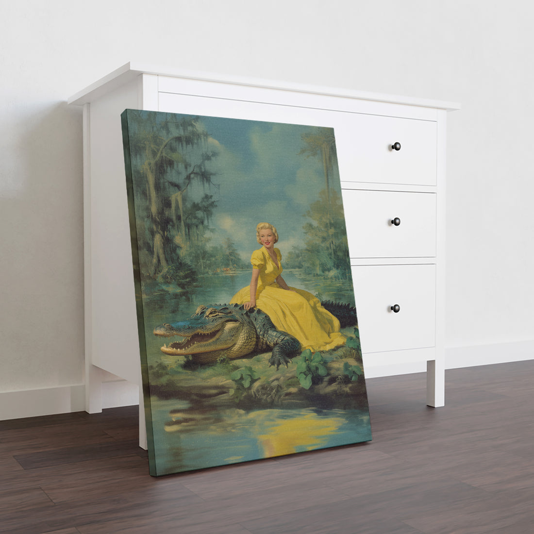 Transport your space to the mystique of the Louisiana bayou with this captivating canvas wall art. Featuring a striking vintage aesthetic, the piece showcases a woman in a vibrant yellow dress set against an atmospheric alligator scene that evokes Southern Gothic charm. The rich, moody color palette and nostalgic composition create an intriguing focal point perfect for living rooms, above sofas, or beside bedroom furniture. This statement piece brings character and storytelling to your home while maintainin