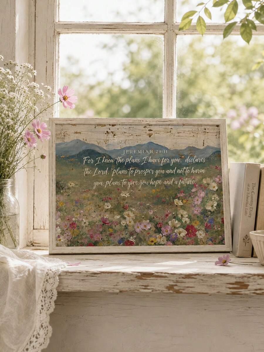 Framed Jeremiah 29:11 wildflower mountain canvas poster on a sunlit windowsill