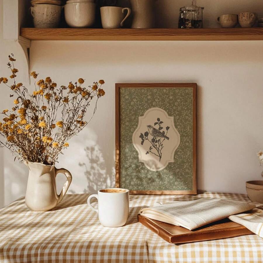 Botanical print with ornate label medallion floral pattern and farmhouse wood frame