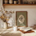 Botanical print with ornate label medallion floral pattern and farmhouse wood frame