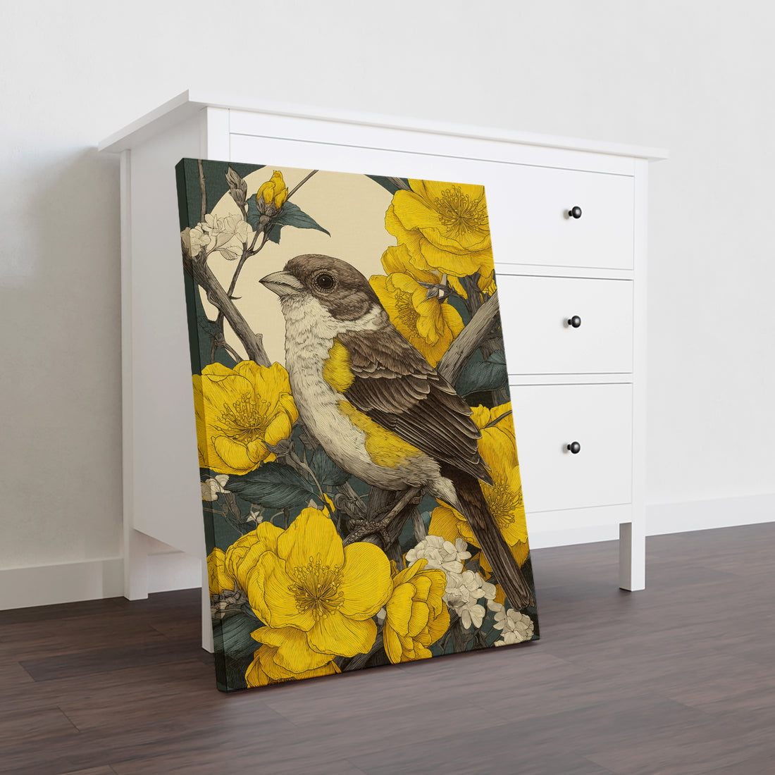 Elevate your living space with this Vintage Bird Canvas Wall Art featuring a delicate yellow floral nature print. Perfect as a sophisticated backdrop for your sofa or bedside, this piece adds a timeless charm and subtle warmth to any room. Crafted to complement various decor styles, it brings a refined natural elegance that enhances your home environment effortlessly.
