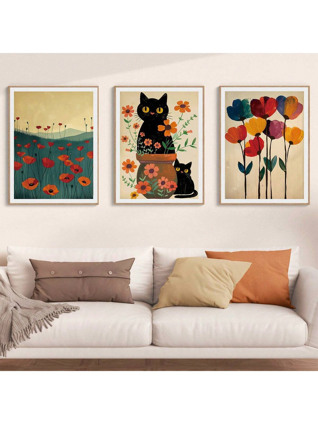 Transform your living space with this sophisticated 3-piece unframed canvas wall art featuring a vintage black cat amid floral scenery. The artistic composition combines classic aesthetics with contemporary appeal, making it an exceptional decorative element for any room. Perfect as a distinctive gift for art enthusiasts or cat lovers, this set delivers professional-quality imagery that elevates interior design with its timeless charm.