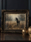 Dark horse in a foggy forest artwork shown in an ornate bronze frame mockup