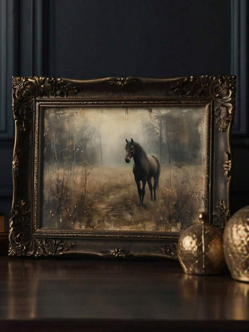 Dark horse in a foggy forest artwork shown in an ornate bronze frame mockup