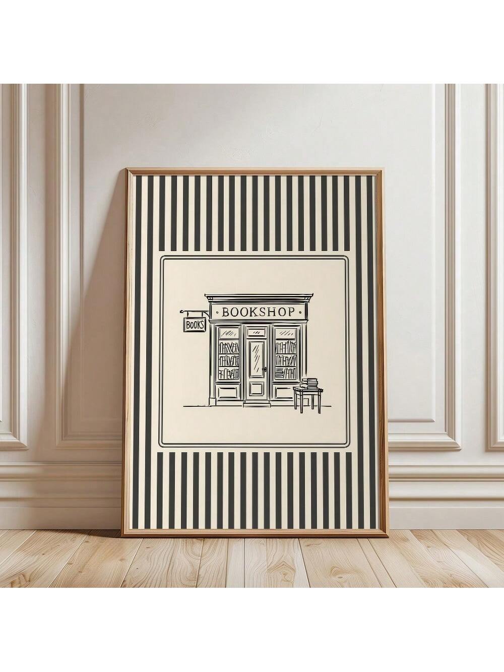 Elevate your space with this striking vintage-inspired bookshop poster, featuring sophisticated black and beige stripes that evoke the charm of classic literary aesthetics. The minimalist design brings understated elegance to any room, making it an ideal choice for bibliophiles and design enthusiasts alike.