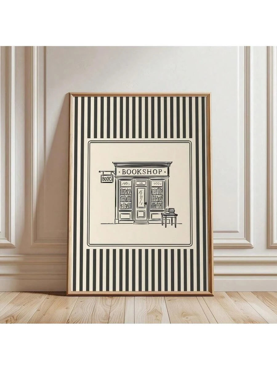 Elevate your space with this striking vintage-inspired bookshop poster featuring bold black and beige stripes. Perfect for minimalist enthusiasts, this graphic art piece brings understated sophistication to living rooms, bedrooms, or home offices. Printed on quality canvas, it captures the charm of classic bookstore aesthetics while complementing modern decor. An ideal choice for creating a cozy, literary-inspired atmosphere in any room of your home.
