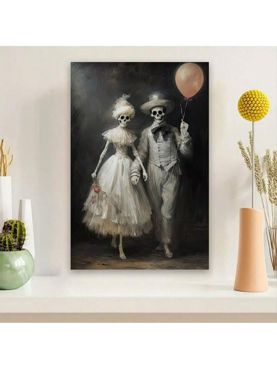 Enhance the ambiance of your home with our Vintage Black and White Skeleton Couple Canvas Wall Art. This unique piece not only adds a touch of romance to your decor, but also makes for the perfect Halloween gift. Elevate your space with this tasteful and versatile wall art.