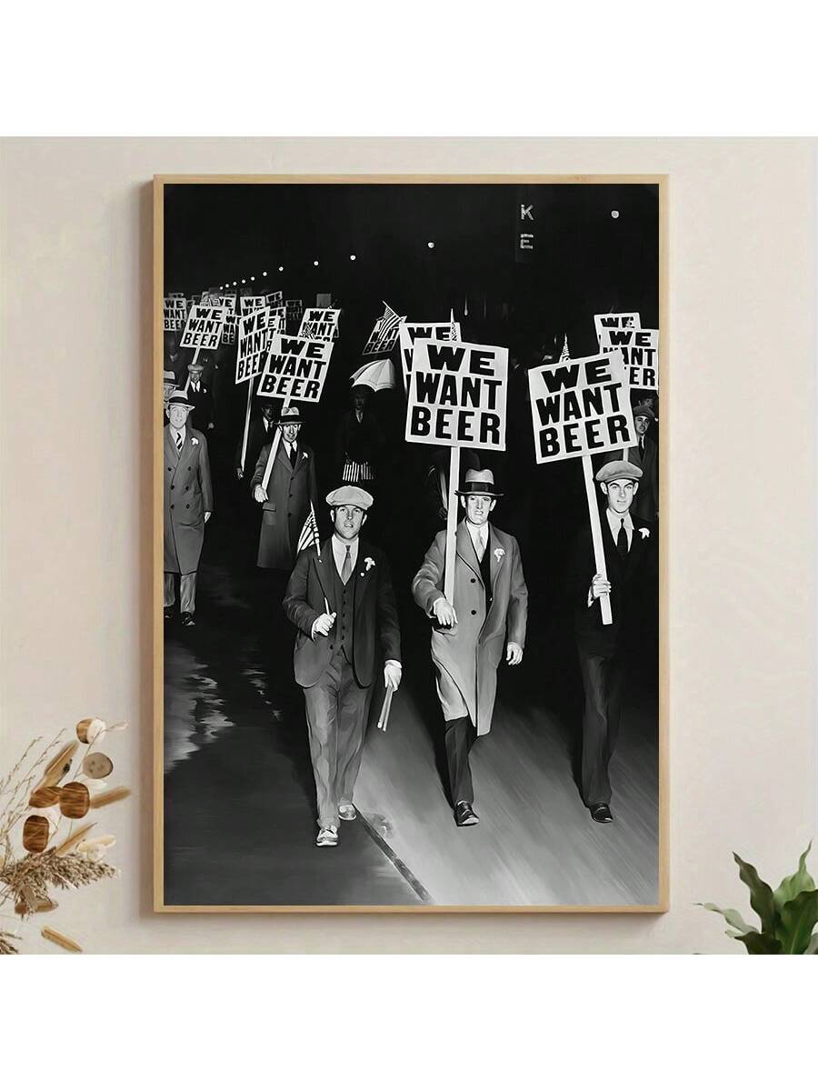 This vintage black and white wall art features a 'We Want Beer' Prohibition design, perfect for beer lovers. Made from high-quality canvas, it adds a touch of nostalgia to your space. Bring the past to life with this unique and stylish decor piece.