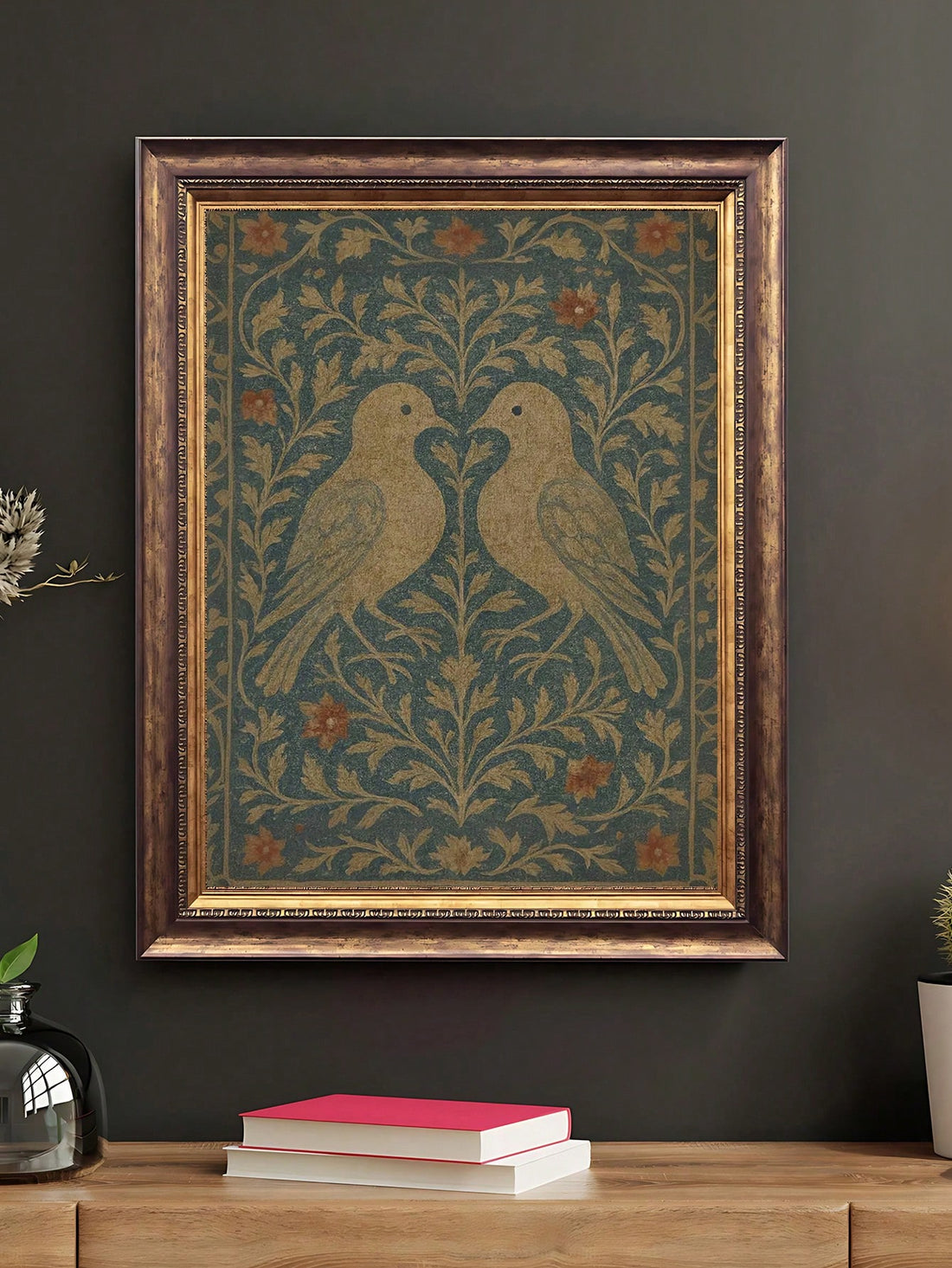 Celebrate love and nature with this charming vintage-inspired art print featuring delicate blue hummingbirds nestled among botanical elements. 
