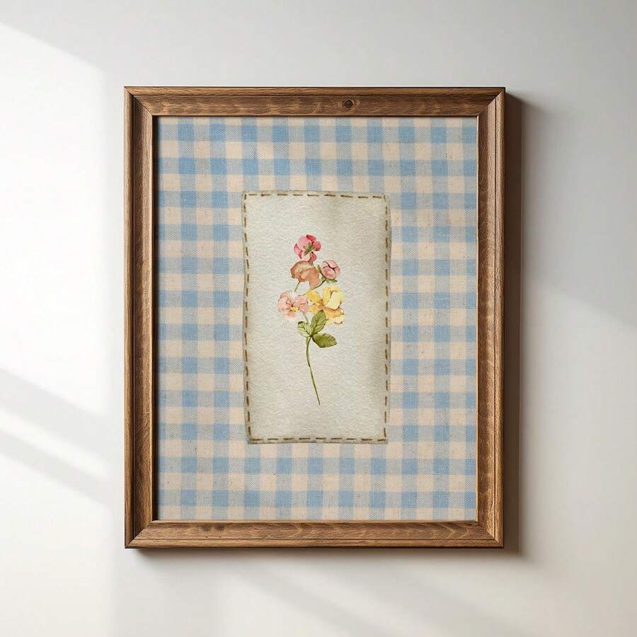 Pastel gingham floral wall art in wood frame