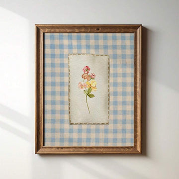 Pastel gingham floral wall art in wood frame