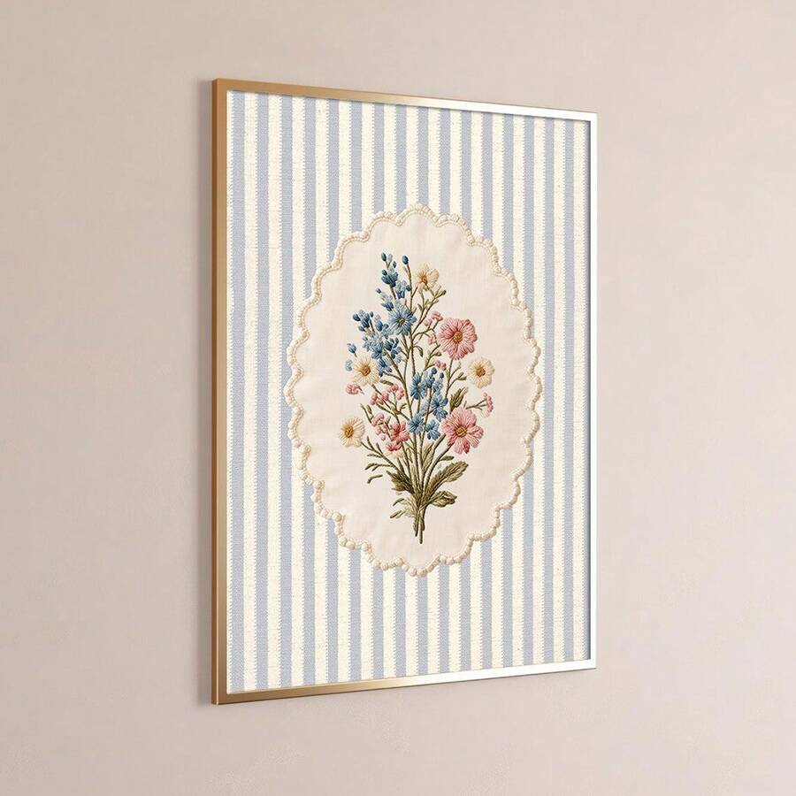 Vintage Blue Striped Bouquet Flower Canvas poster with charming cottagecore style. Perfect for farmhouse, French country, kitchen, bedroom, and cozy decor.