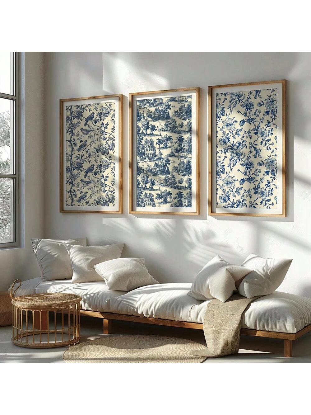 Elevate your space with this Vintage Blue Toile De Jouy Wall Art Set, featuring minimalist floral and bird designs printed on high-quality canvas. Perfect for adding a touch of timeless elegance to your home or dorm, these prints blend classic artistry with modern simplicity. Their calming blue tones and refined detail create a serene atmosphere, enhancing any room with understated sophistication. Durable and easy to hang, this set provides a stylish way to personalize your décor while maintaining a clean, 