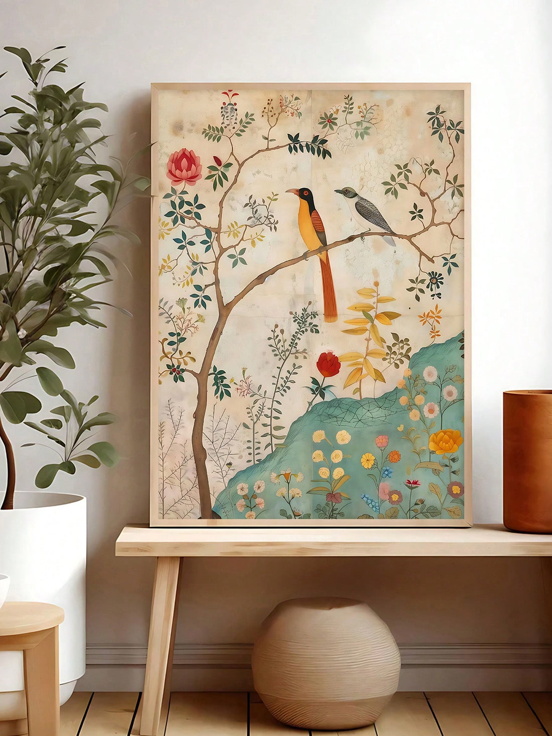 Transform your space with this striking vintage bohemian canvas art, featuring vibrant birds nestled among intricate floral and botanical designs. 