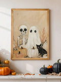 Vintage Bohemian Skeleton Ghost Black Cat & Pumpkin Canvas Poster