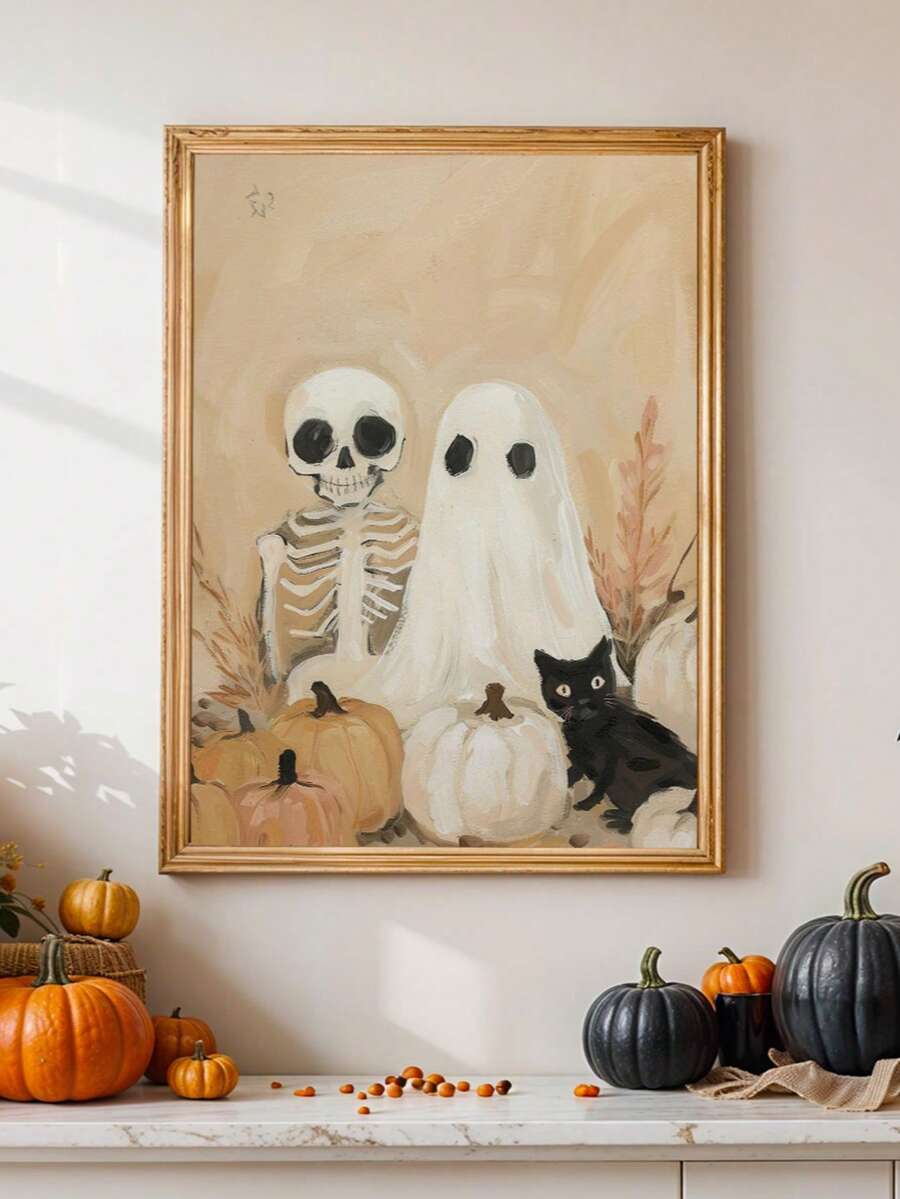 Vintage Bohemian Skeleton Ghost Black Cat & Pumpkin Canvas Poster