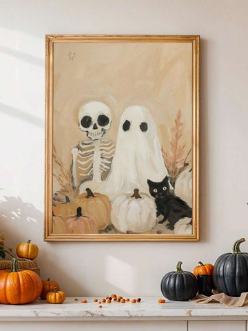 Vintage Bohemian Skeleton Ghost Black Cat & Pumpkin Canvas Poster