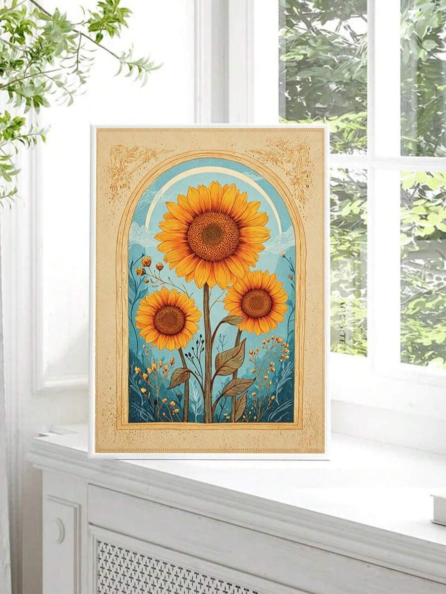 Arched sunflower canvas print with turquoise sky displayed on a bright windowsill