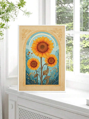 Arched sunflower canvas print with turquoise sky displayed on a bright windowsill