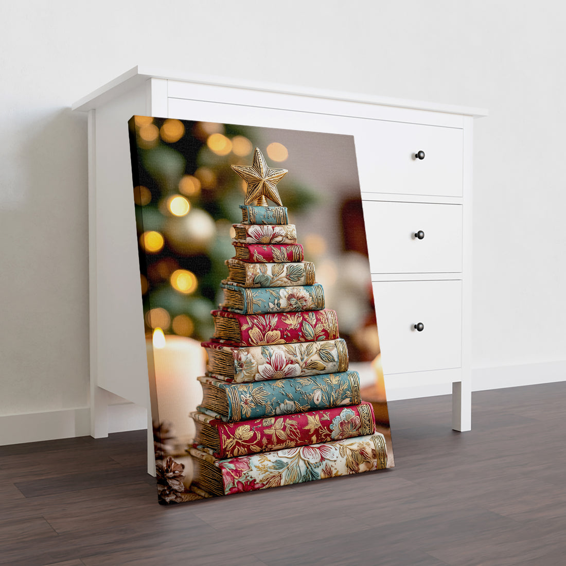 Transform your space with this distinctive canvas art piece that merges literary charm with festive elegance. Featuring a creative Christmas tree design crafted from stacked vintage book covers adorned with floral patterns, this artwork brings warmth and sophistication to any room. 