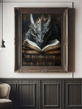 Gray dragon reading an open book in an antique wood frame on a black paneled wall