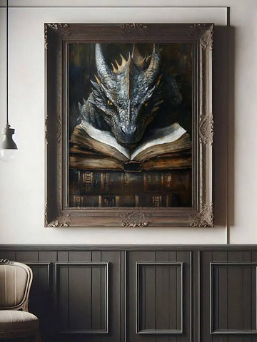 Gray dragon reading an open book in an antique wood frame on a black paneled wall