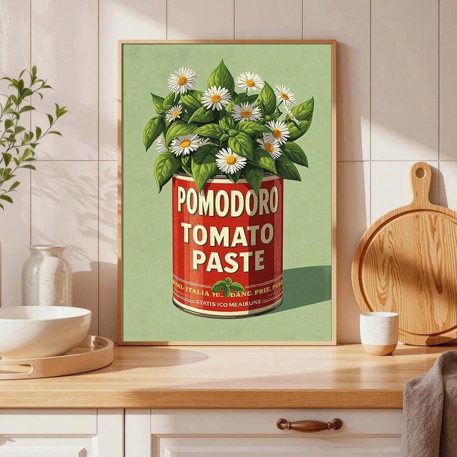 Framed tomato paste can and daisy print leaning on a kitchen counter
