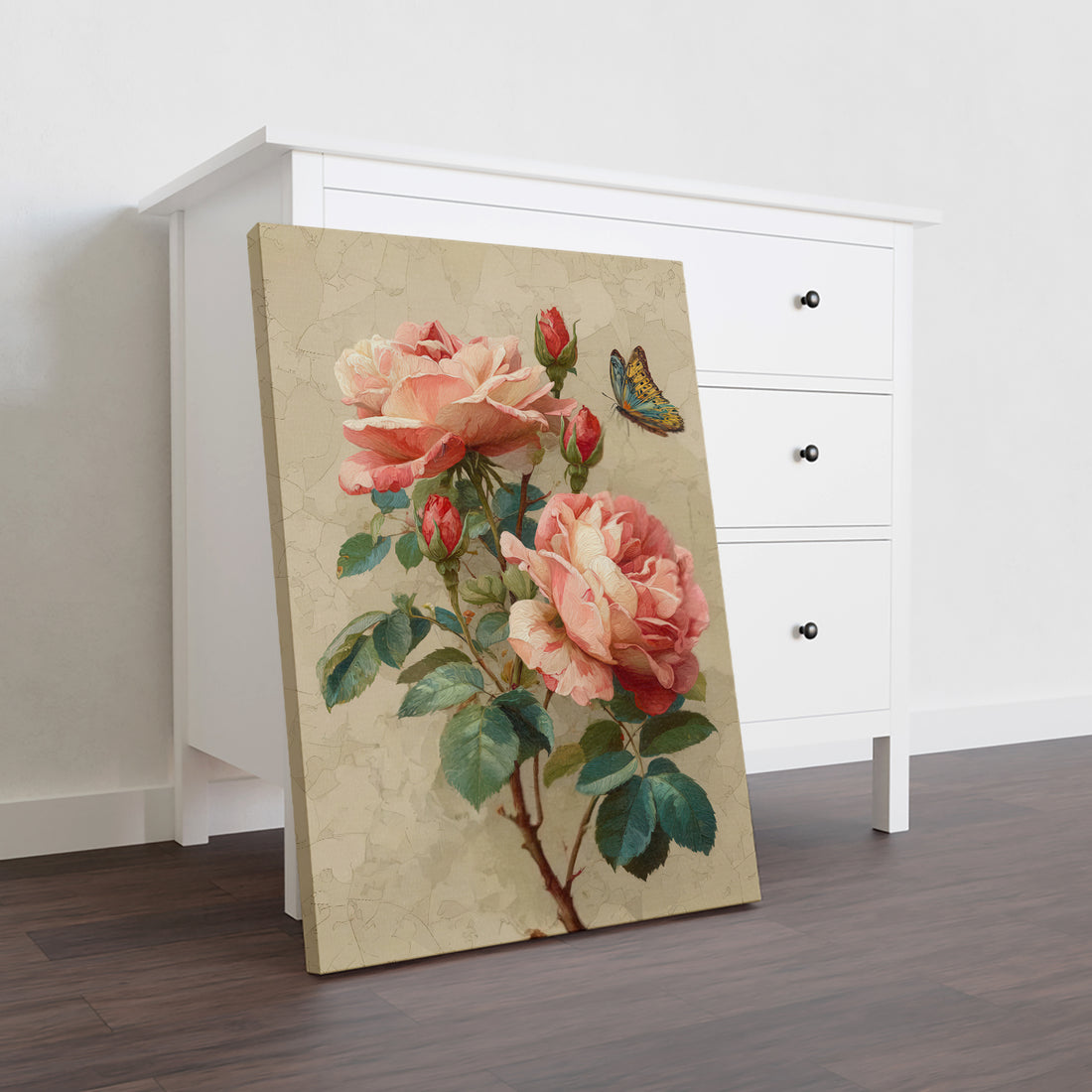Elevate your interior with this exquisite vintage botanical canvas print, featuring delicate pink roses and a graceful butterfly set against a lush garden backdrop. The timeless floral composition brings sophistication and natural beauty to any room, whether displayed above your sofa, beside your bed, or as a focal point in your living space.