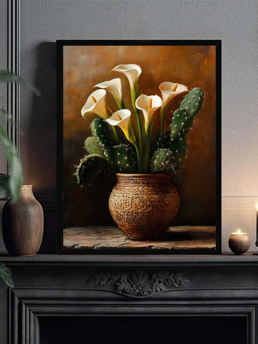 Elevate your space with this Vintage Calla Lily &amp; Cactus Print, perfectly embodying the Dark Academia aesthetic. The moody floral design combines classic botanical elements with a subtle edge, ideal for creating an intellectual and contemplative atmosphere. Printed on high-quality material, this wall art adds depth and character to any room seeking a refined, vintage-inspired touch.
