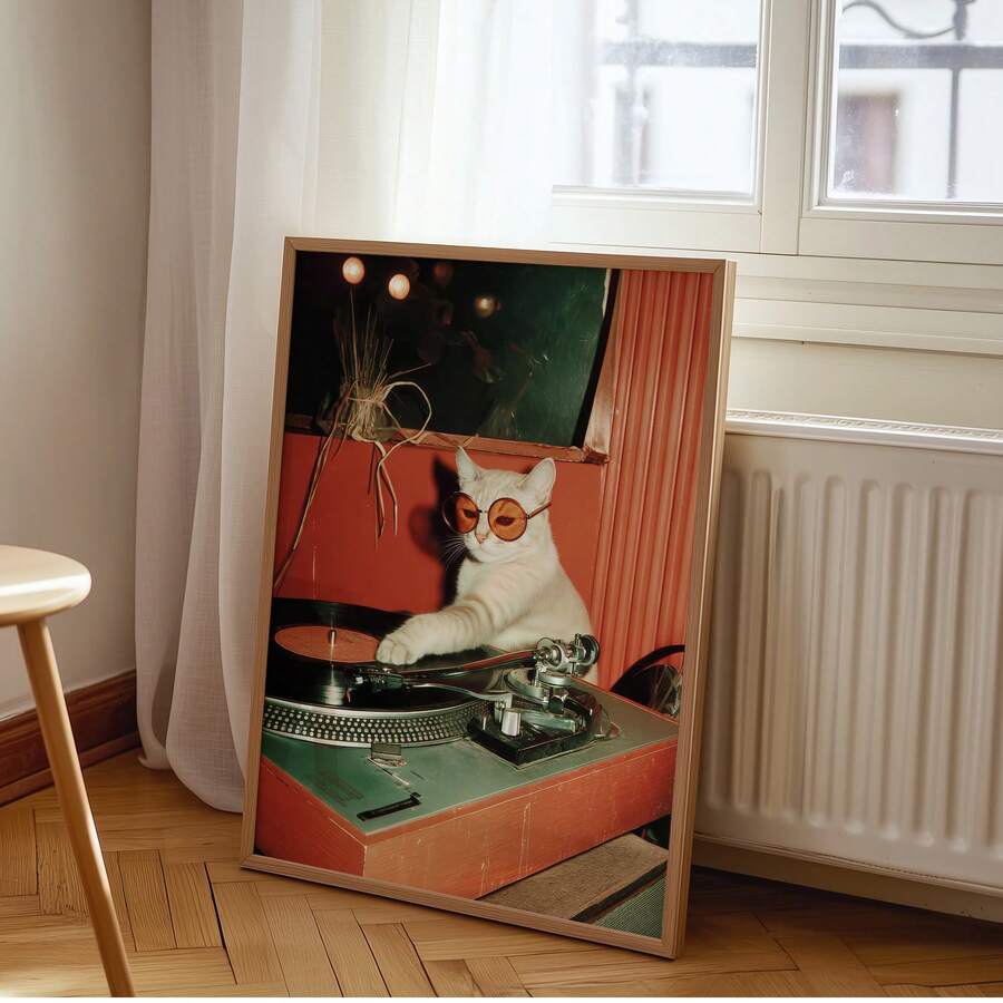 Cat DJ wall art with white cat wearing orange sunglasses