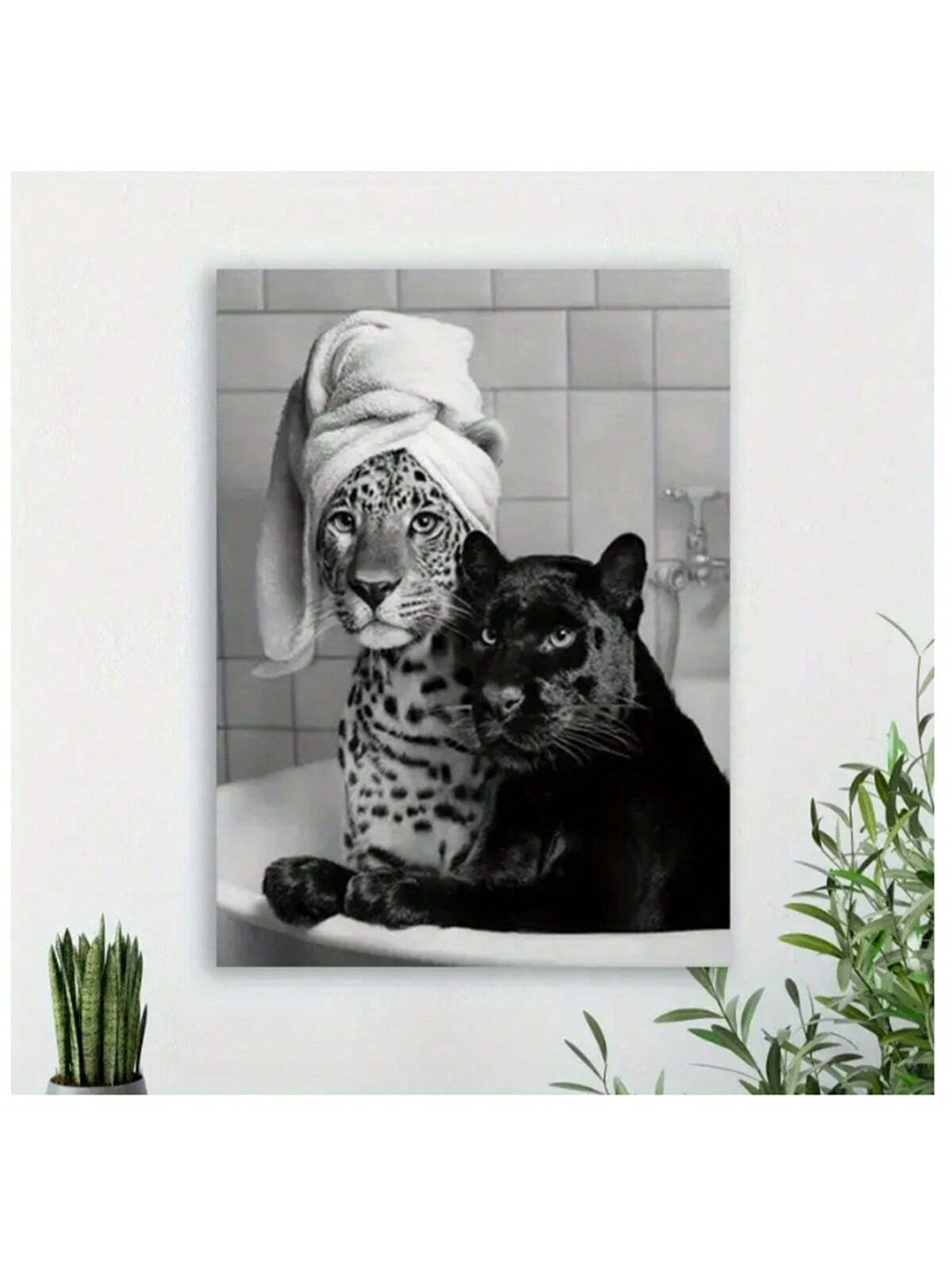 This vintage chic wall art print features a charming depiction of leopard and panther cubs in a bathtub. This playful and adorable print is sure to add a touch of whimsy to any room. Made with high-quality materials, this print is a must-have for animal lovers and art enthusiasts alike.
