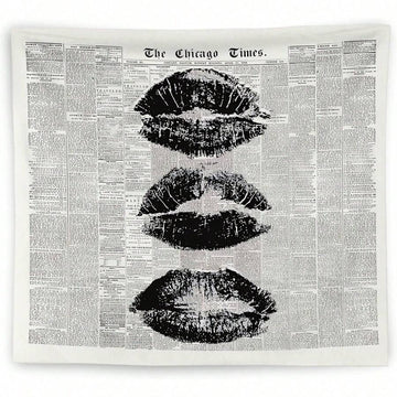 Vintage Chicago Times newspaper tapestry with black lipstick kiss prints