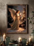 Framed angel and star painting styled above a festive dining table