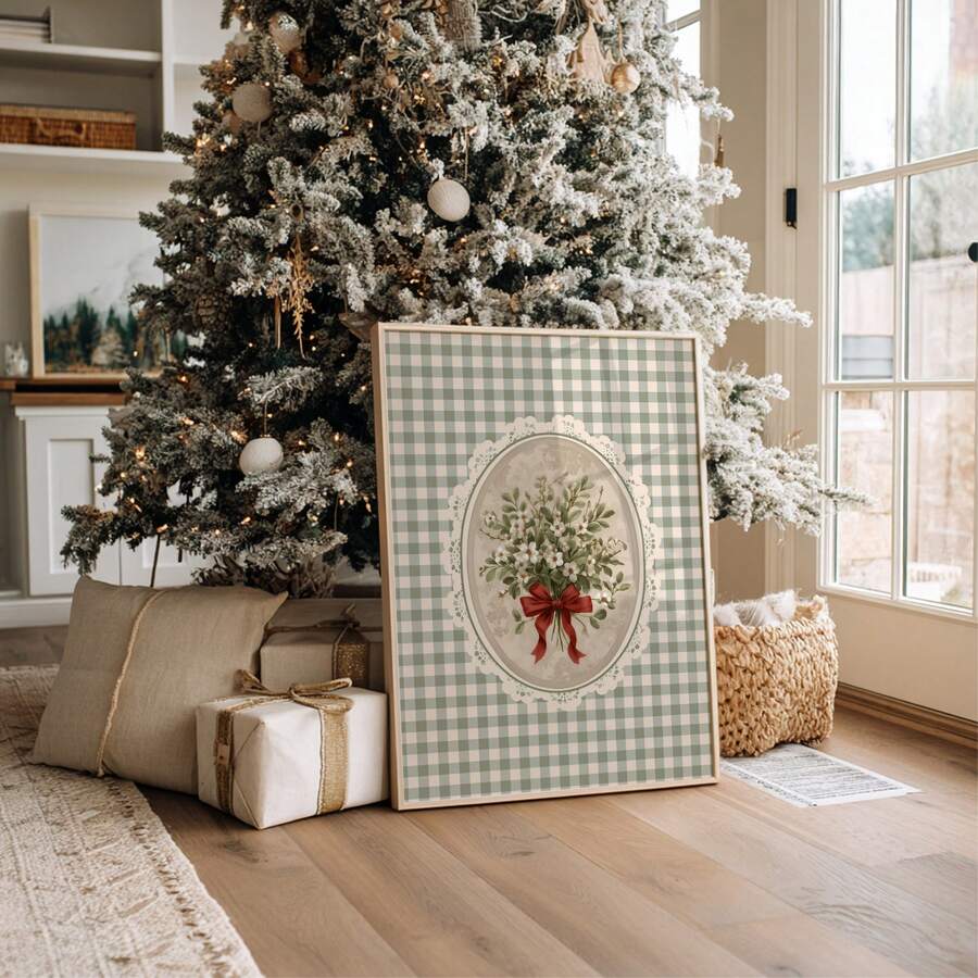 Vintage Christmas Botanical Plaid Floral Farmhouse Canvas Poster 