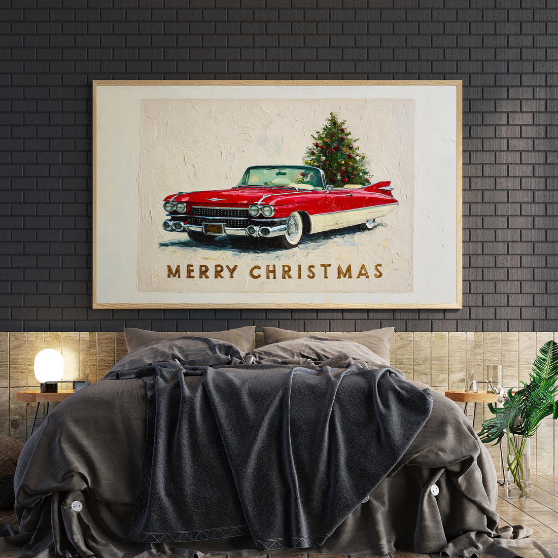 Bring nostalgic holiday charm into your home with this vintage-inspired canvas wall art. Featuring a classic red car adorned with a festive Christmas tree, this piece captures the warmth and elegance of traditional seasonal décor. The timeless design complements living rooms, bedrooms, and entryways, adding character and visual interest to any space. Perfect as a sofa backdrop or bedside accent, this canvas combines retro aesthetics with contemporary home styling