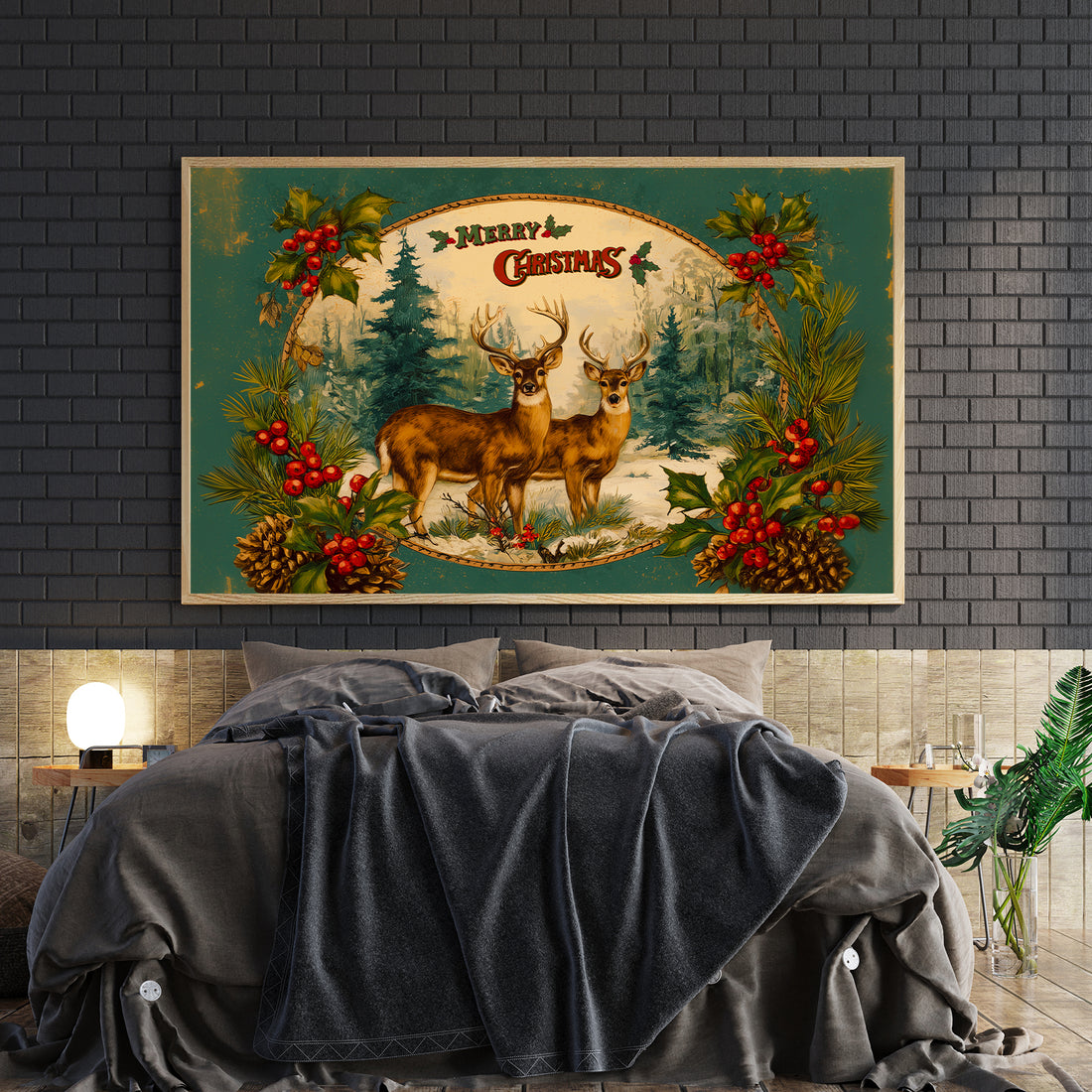 Transport your home into a serene winter wonderland with this enchanting vintage-inspired canvas art. Featuring a meticulously rendered forest scene complete with graceful deer and vibrant holly berries, this piece captures the timeless charm of classic Christmas aesthetics.