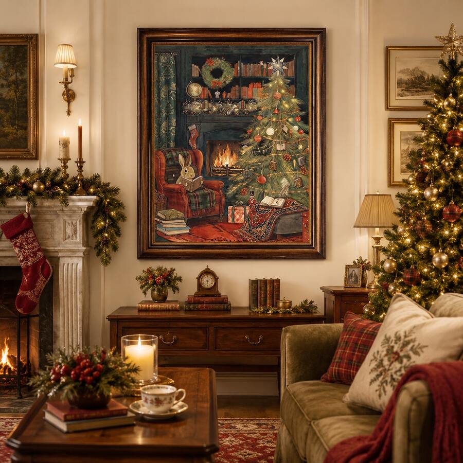 Vintage Christmas canvas poster with a sleeping cat by a fireplace in a decorated living room