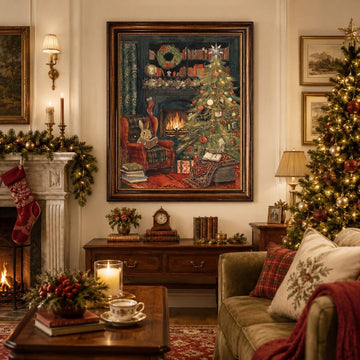 Vintage Christmas canvas poster with a sleeping cat by a fireplace in a decorated living room