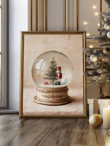 Vintage nutcracker standing inside a crystal snow globe on Christmas canvas art