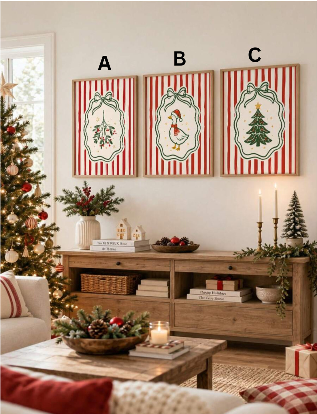 Vintage Christmas canvas poster trio with mistletoe goose and tree designs