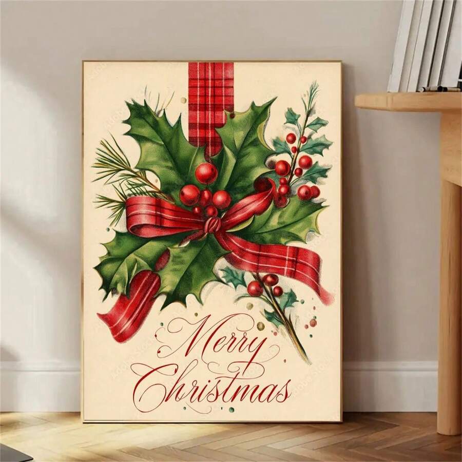 Vintage Christmas holly poster displayed unframed on a wood floor
